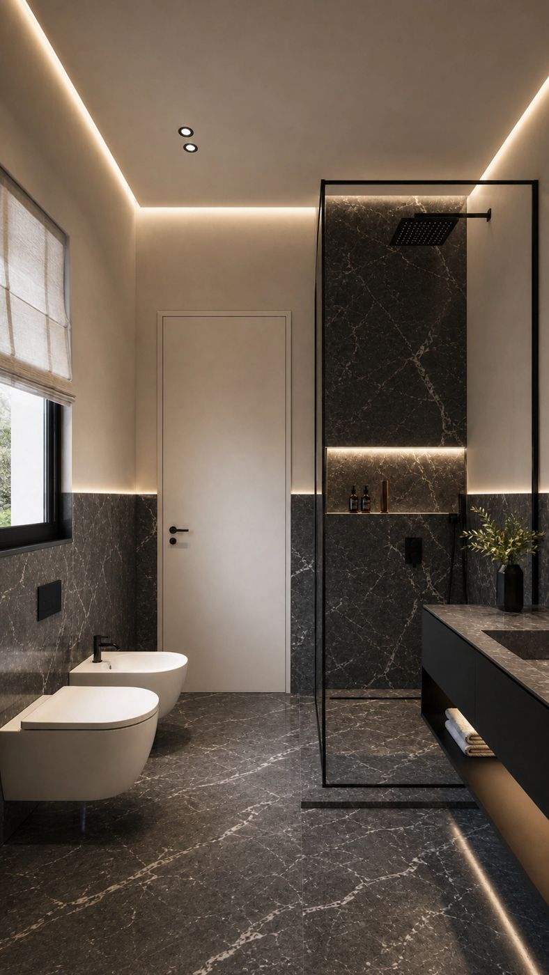 Bagno con doccia in marmo scuro venato e mobile lavabo in pietra