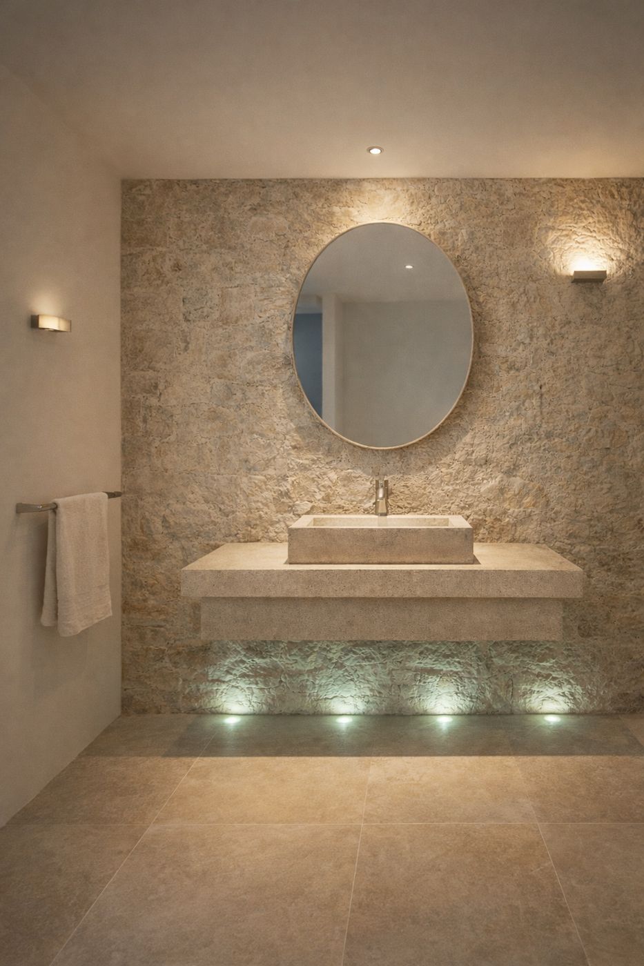 Parete in pietra naturale a spacco con lavabo in pietra e specchio circolare