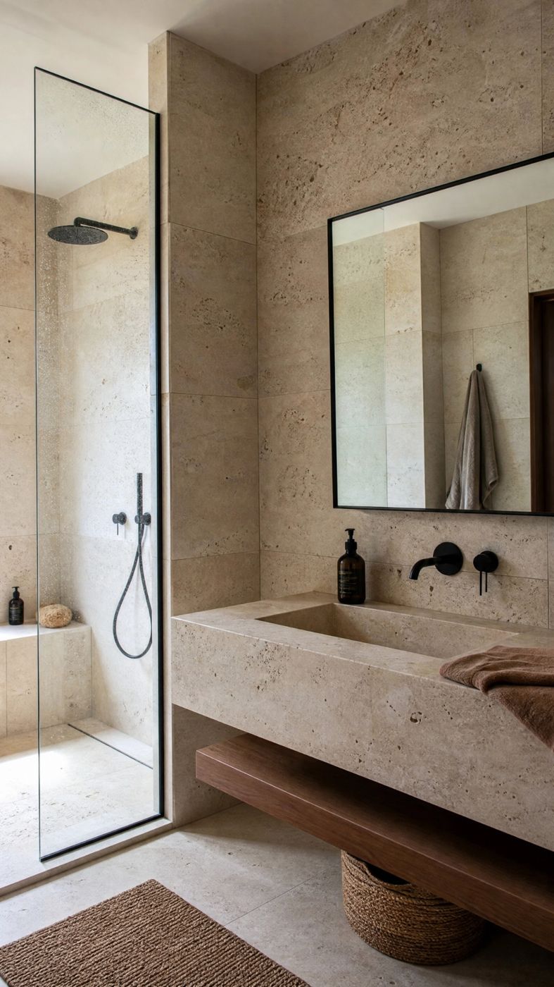 Bagno rivestito in travertino con lavabo monolitico e doccia a filo pavimento